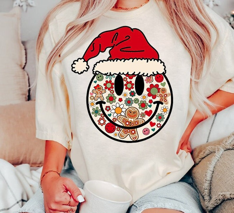 Retro Christmas T-shirt, Christmas Smiley Face T-shirt, Cute Gingerbread Daisy T-shirt, Christmas Santa T-shirt, Christmas Shirt T-shirt