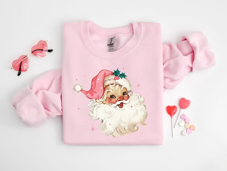 Pink Santa Retro Christmas T-Shirts ,Sweatshirts for Women Pink ,Christmas Matching Family Sweaters Pink Vintage Holiday Crewneck Group Party