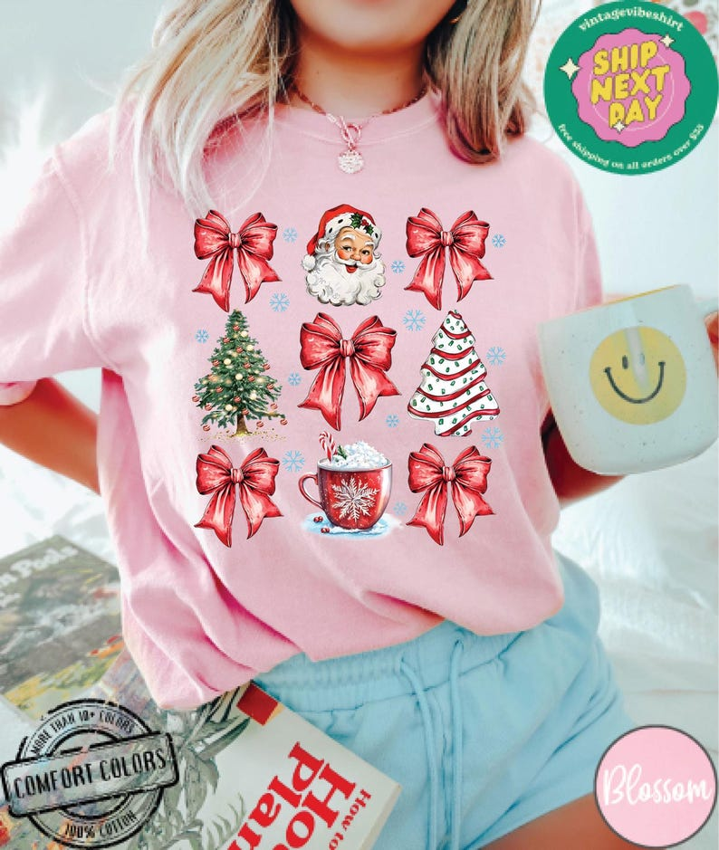 Christmas Coquette Bow Comfort Colors, Woman Xmas Shirt, Christmas Girl Sweatshirt, Cute Winter Crewneck, Retro Holiday, Merry Christmas