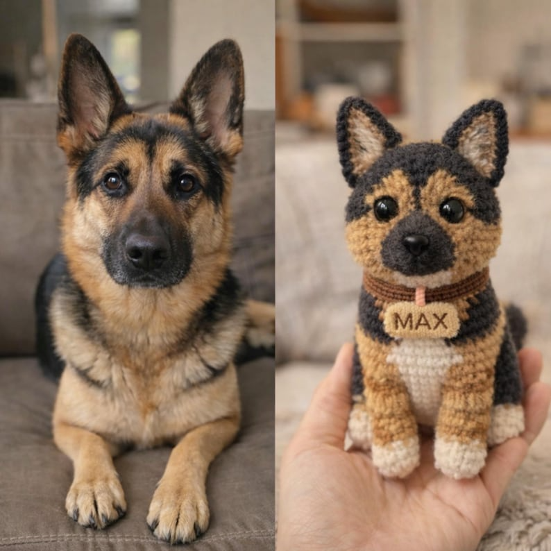 Custom German Shepherd Crochet Doll from Photo, Personalized Dog Plush with Name Tag, Handmade Amigurumi Pet Memorial Gift