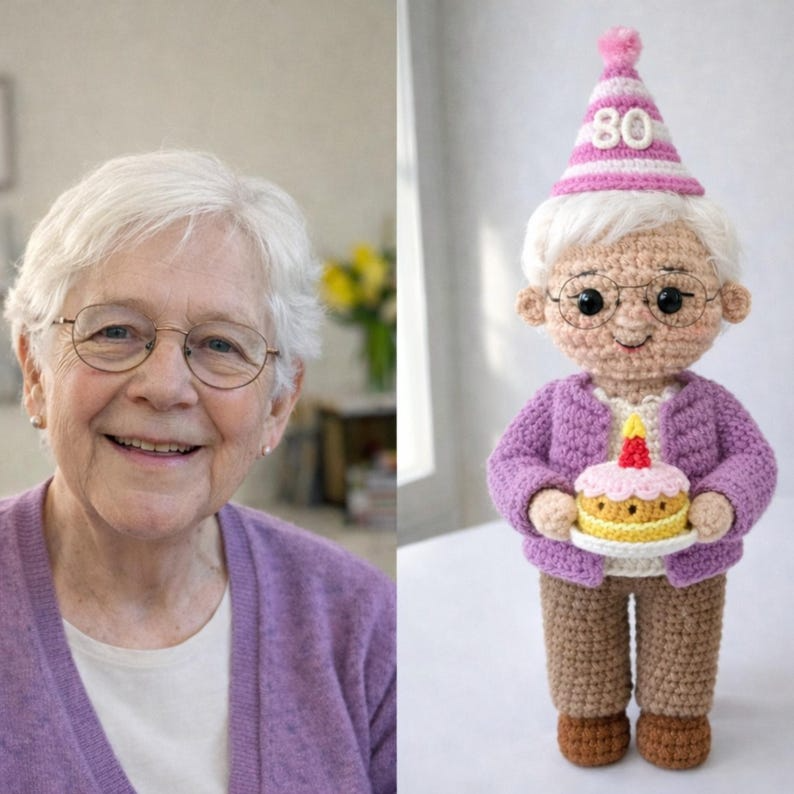 80th Birthday Gifts – Custom Crochet Doll From Photo – Personalized Grandma 80th Birthday Gift – Handmade Keepsake
