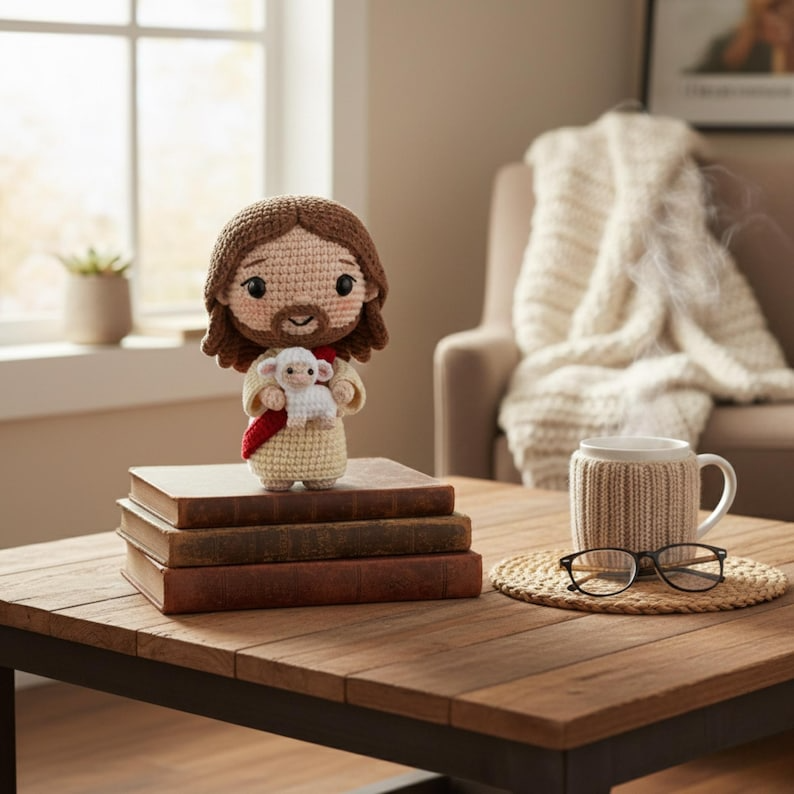 Crochet Jesus Doll with Lamb – Handmade Christian Gift, Amigurumi Jesus Plush, Religious Home Decor, Baptism Gift
