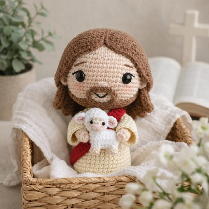 Crochet Jesus Doll with Lamb – Handmade Christian Gift, Amigurumi Jesus Plush, Religious Home Decor, Baptism Gift
