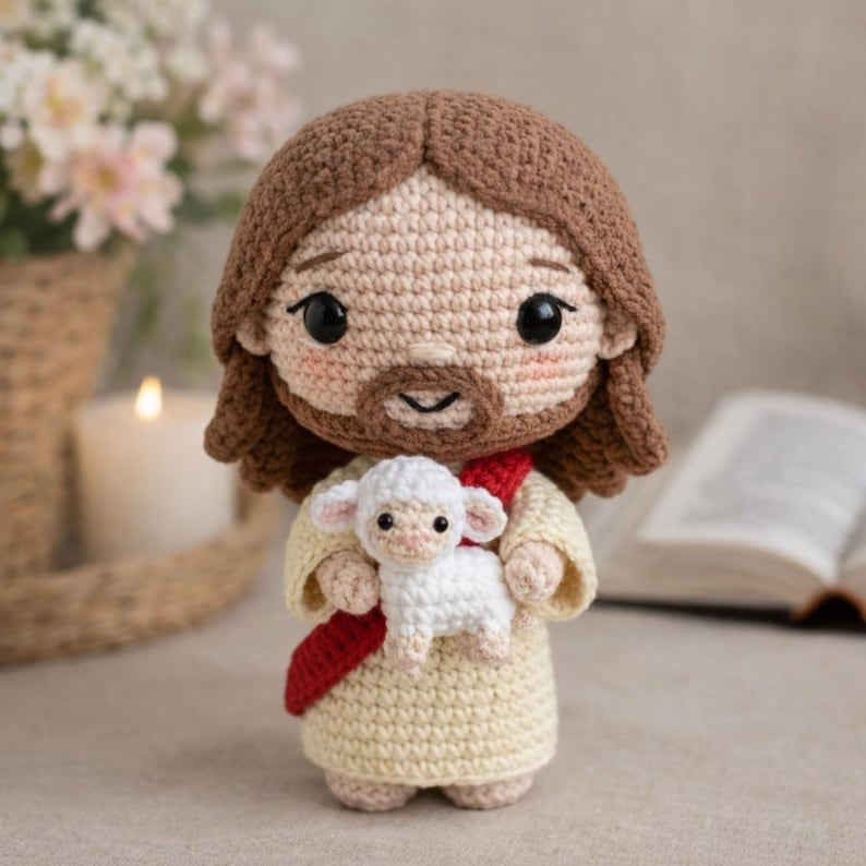 Crochet Jesus Doll with Lamb – Handmade Christian Gift, Amigurumi Jesus Plush, Religious Home Decor, Baptism Gift