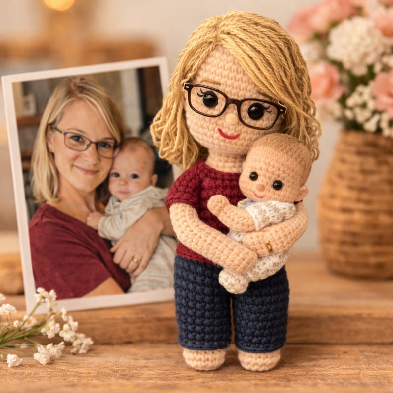 First Mother’s Day Gift for New Mom, Custom Mom and Baby Crochet Doll From Photo, Personalized Amigurumi Look Alike Doll, New Mom Gift