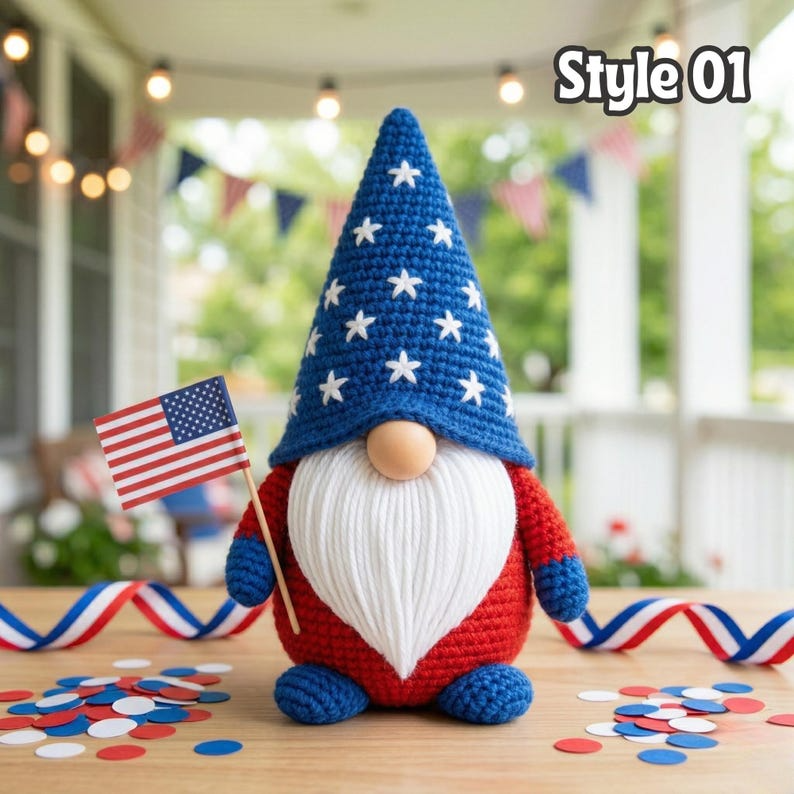 4th of July Crochet Gnome, Uncle Sam Amigurumi Doll, Patriotic Independence Day Decor, Patriotic USA Handmade Gift, Tiered Tray Decor