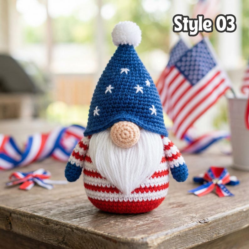 4th of July Crochet Gnome, Uncle Sam Amigurumi Doll, Patriotic Independence Day Decor, Patriotic USA Handmade Gift, Tiered Tray Decor