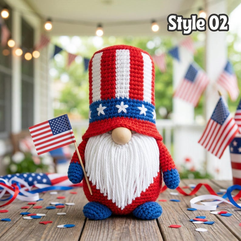 4th of July Crochet Gnome, Uncle Sam Amigurumi Doll, Patriotic Independence Day Decor, Patriotic USA Handmade Gift, Tiered Tray Decor