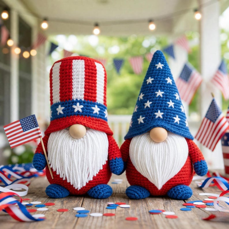 4th of July Crochet Gnome, Uncle Sam Amigurumi Doll, Patriotic Independence Day Decor, Patriotic USA Handmade Gift, Tiered Tray Decor