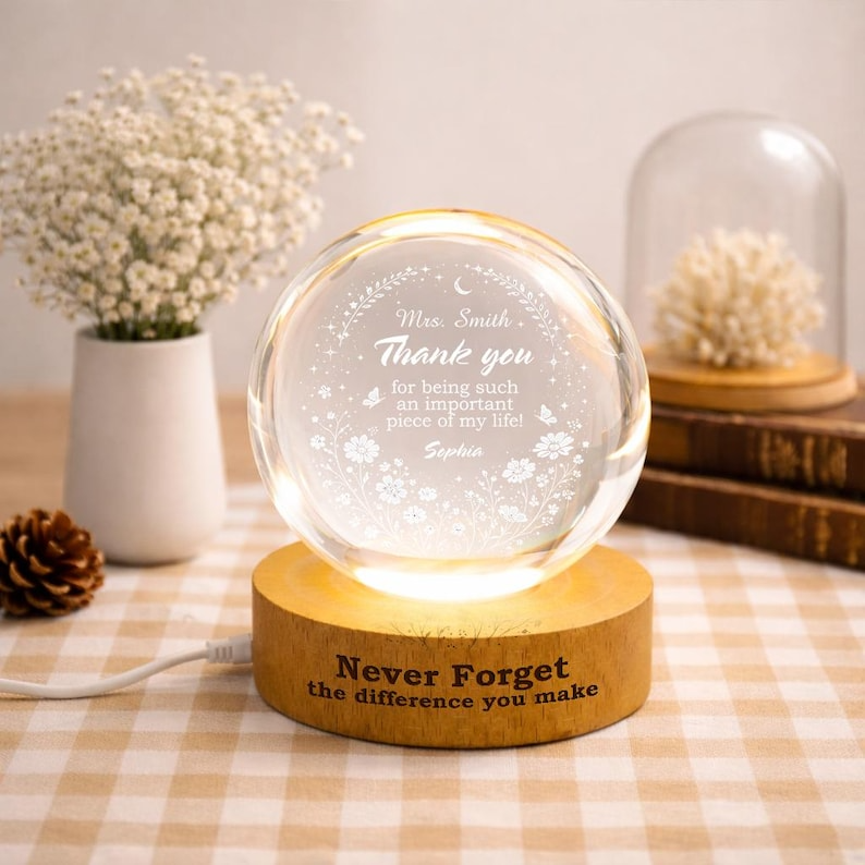 Personalized Teacher Crystal Night Light, Custom Name Lamp, Thank You Teacher Gift, Teacher Appreciation Gift From Student, Classroom Decor