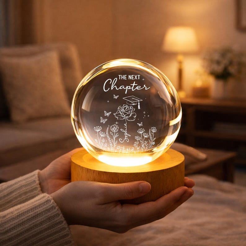 Personalized Birth Flower Crystal Ball Night Light, Custom Name Engraved LED Lamp, Graduation Gift Class of 2026, Unique Gift for Her