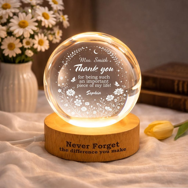Personalized Teacher Crystal Night Light, Custom Name Lamp, Thank You Teacher Gift, Teacher Appreciation Gift From Student, Classroom Decor