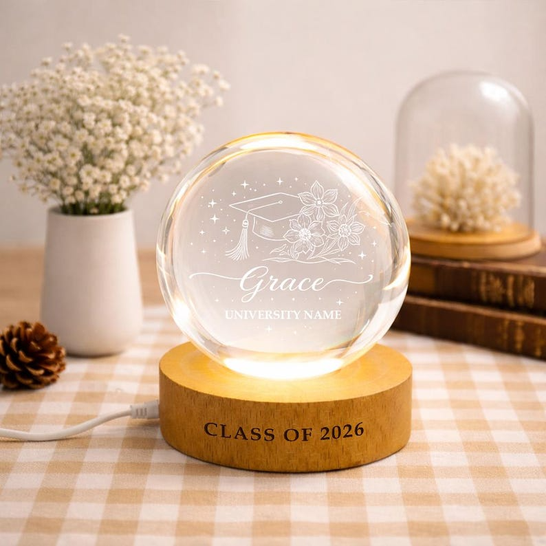 Personalized Birth Flower Crystal Ball Night Light, Custom Graduation LED Lamp, Engraved Glass Class of 2026 Keepsake For Graduation Day