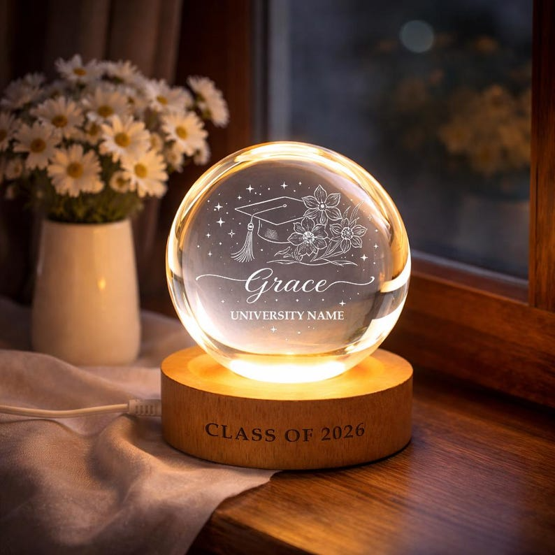 Personalized Birth Flower Crystal Ball Night Light, Custom Graduation LED Lamp, Engraved Glass Class of 2026 Keepsake For Graduation Day