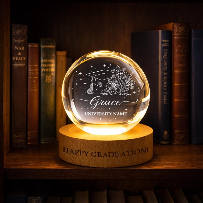 Personalized Birth Flower Crystal Ball Night Light, Custom Graduation LED Lamp, Engraved Glass Class of 2026 Keepsake For Graduation Day