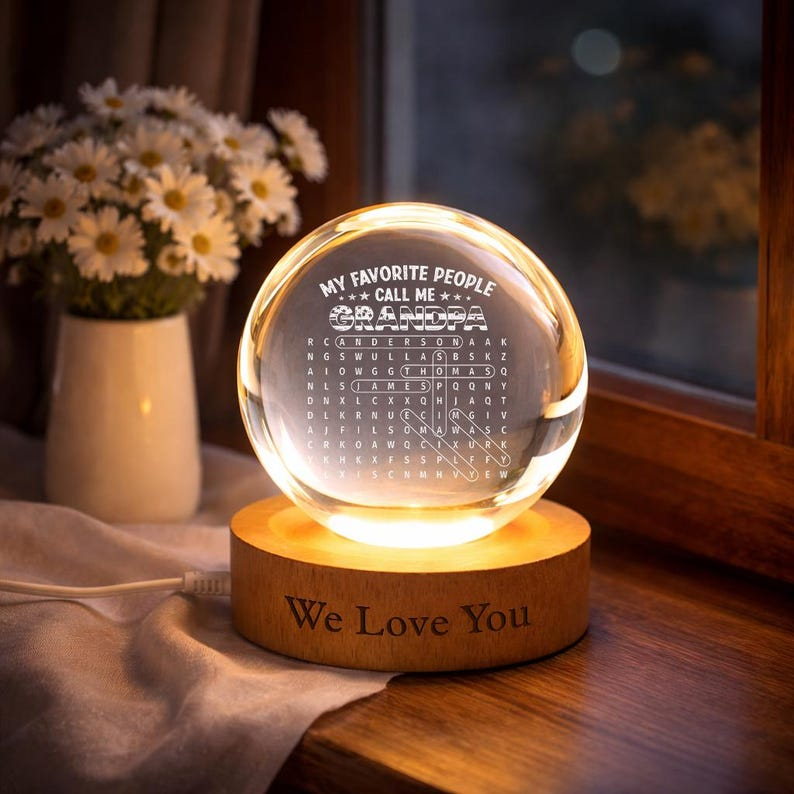 Personalized Grandpa Crystal Ball Night Light with Grandkids Names, Custom Word Search Family Keepsake LED Lamp for Grandpa