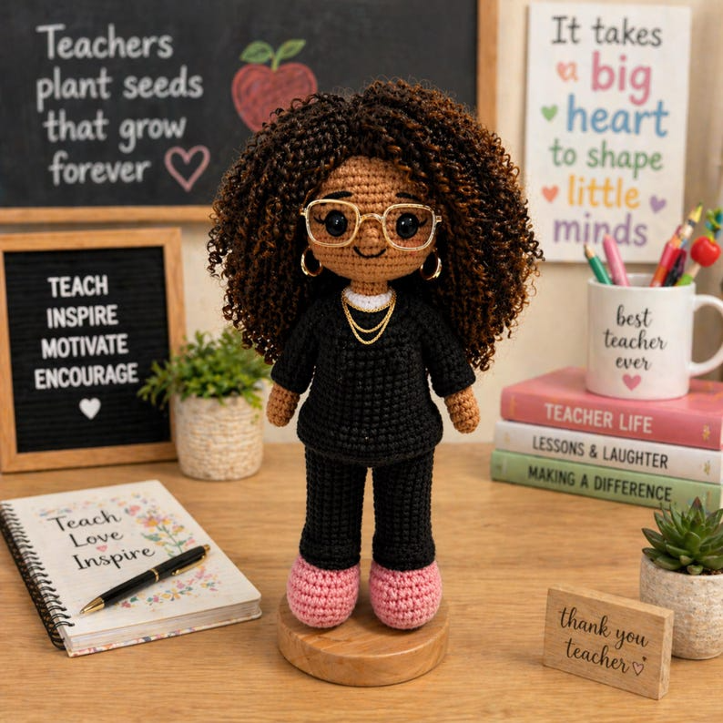 Personalized Black Teacher Gift Crochet Doll – African American Teacher Appreciation Gift, Custom Name Amigurumi Doll, Handmade Teacher Gift