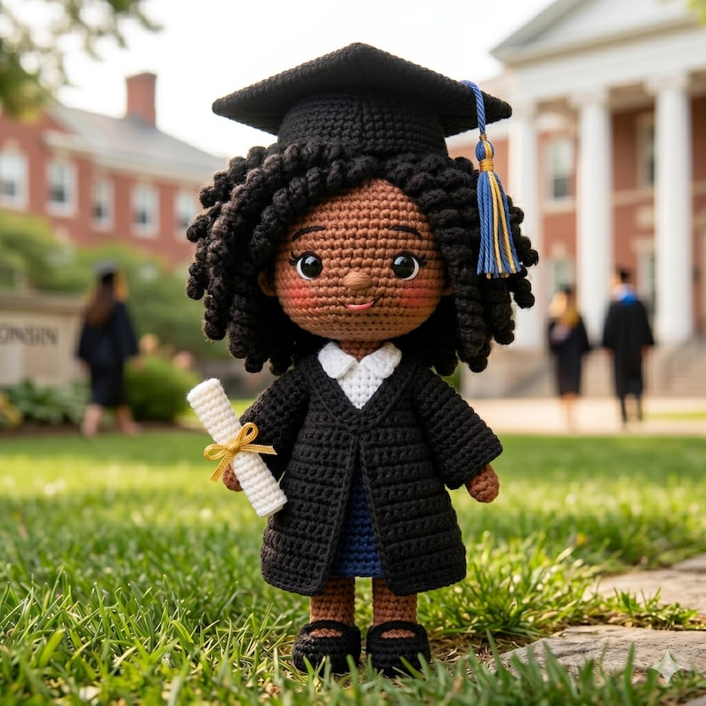 Black Girl Graduation Crochet Doll, Amigurumi Graduate Doll, Handmade African American Doll, College Graduation Gift, Custom Crochet Doll