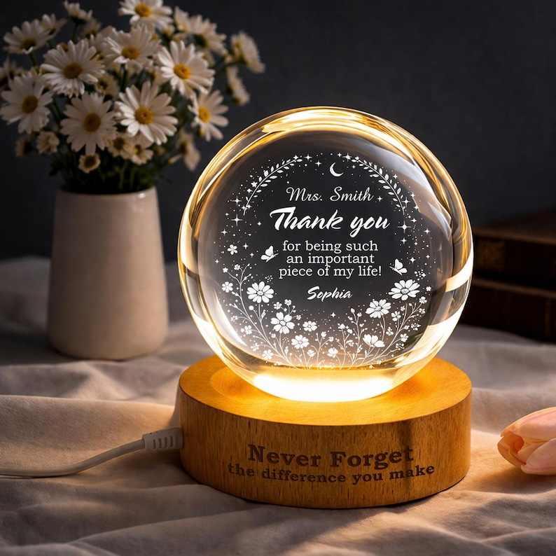 Personalized Teacher Crystal Night Light, Custom Name Lamp, Thank You Teacher Gift, Teacher Appreciation Gift From Student, Classroom Decor