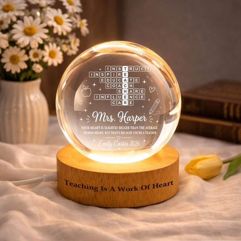 Personalized Teacher Crossword Crystal Ball Night Light, Custom Teacher Name LED Lamp, Teacher Appreciation Gift, End of Year Keepsake