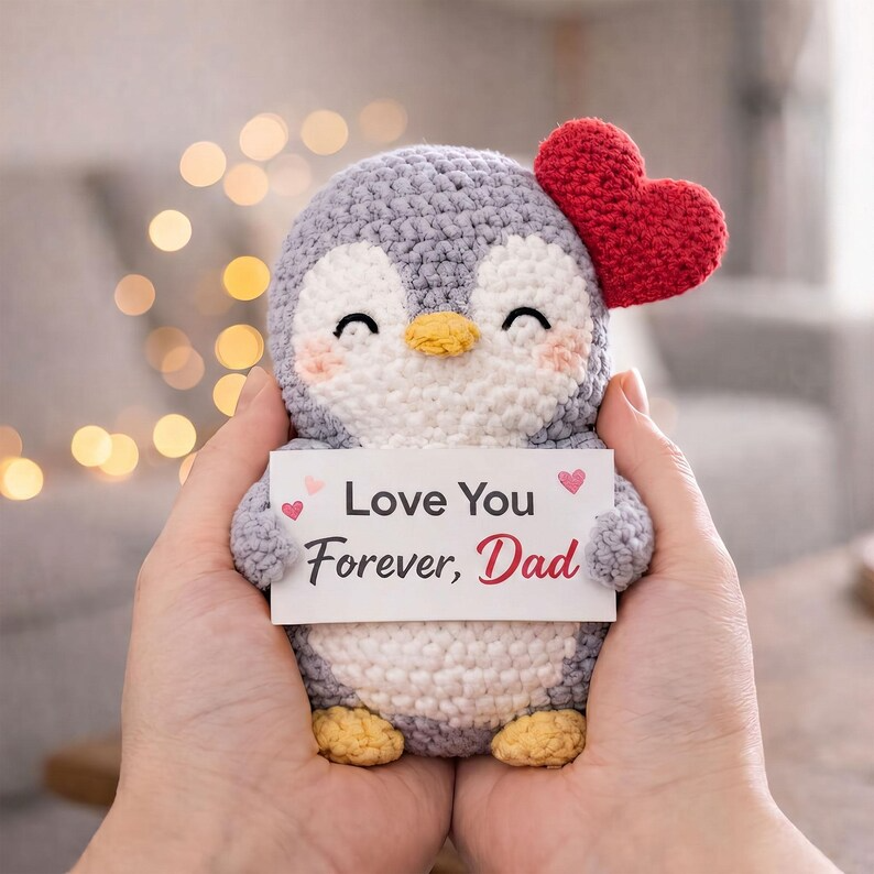 Cute Penguin Crochet Plush with Heart, Gift for Dad from Daughter Son, Best Dad Gift Crochet Penguin, Cute Crochet Dad Gift
