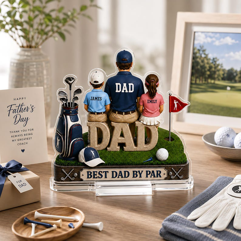 Personalized Golf Dad Gift, Custom Dad Acrylic Plaque with Kids Names, Father's Day Gift for Dad, Best Dad By Par Golf Decor for Home Office