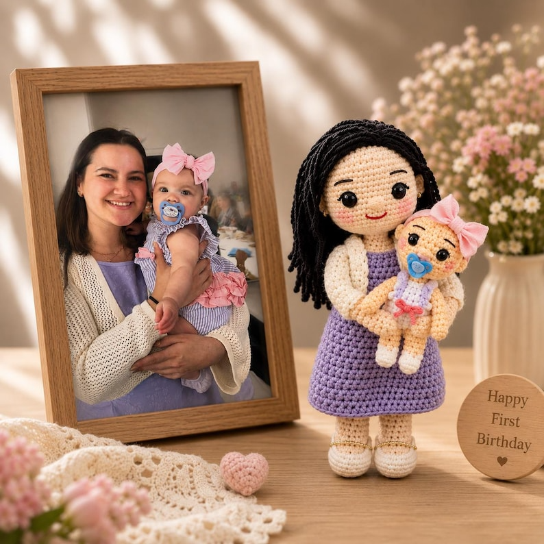 Custom Crochet Mom and Baby Doll from Photo, Personalized First Birthday Gift, Handmade Family Keepsake, Look Alike Doll, Gift for New Mom
