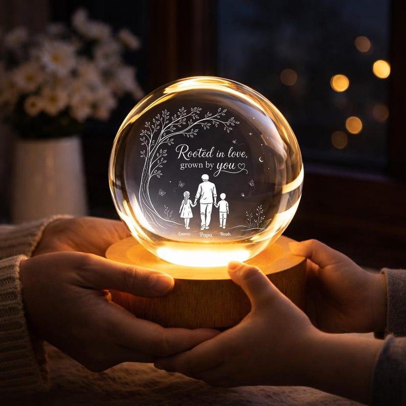 Personalized Dad Crystal Ball Night Light, Custom Family Engraved LED Lamp, Father’s Day Gift from Kids, Best Dad Ever Keepsake Decor