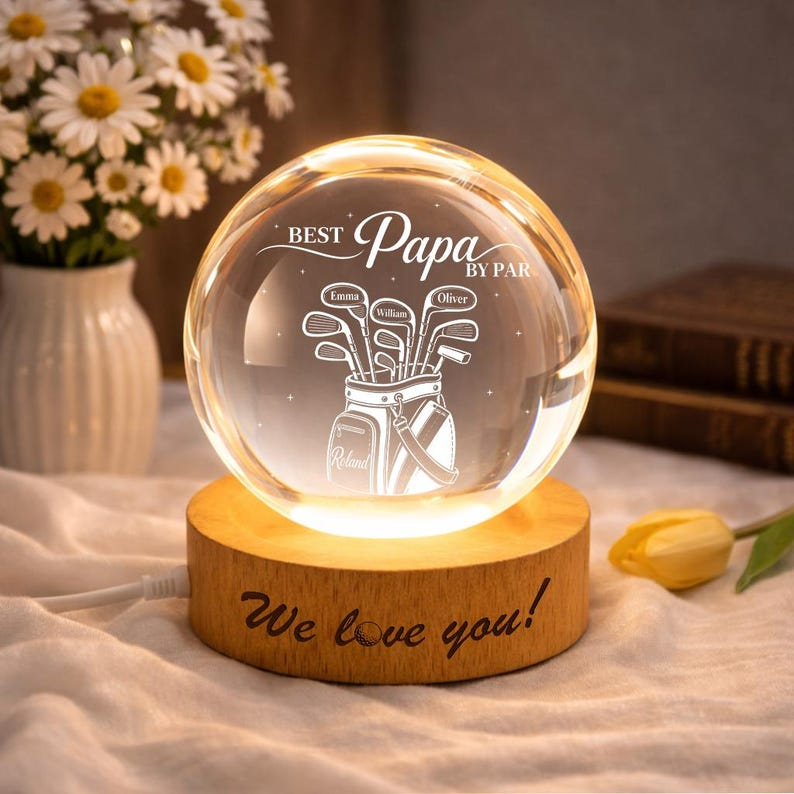 Personalized Golf Papa Crystal Ball Night Light, Custom Golf Bag With Kids Names LED Lamp, Grandpa Golfer Gift For Father's Day