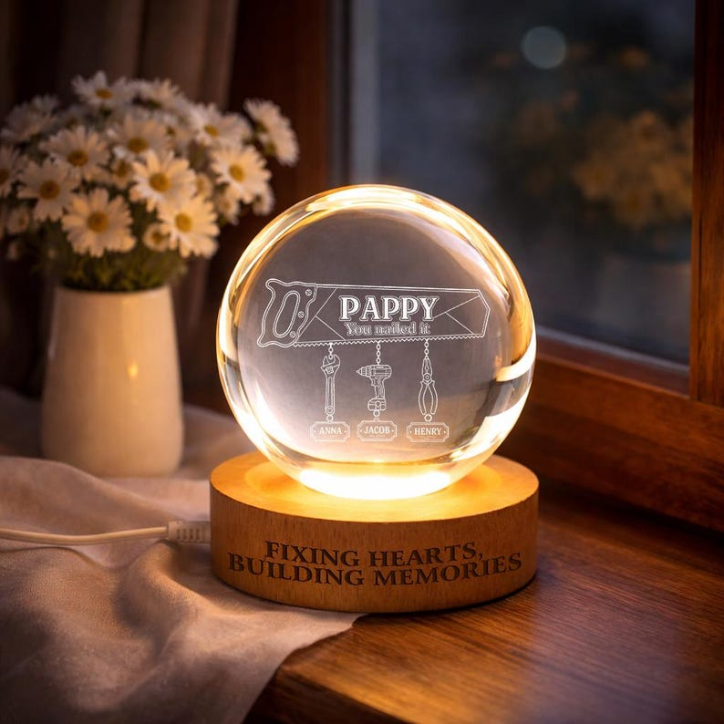 Personalized Handyman Pappy Crystal Ball Night Light, Custom Hanging Tool Names LED Lamp, Grandpa Workshop Gift Decor For Father's Day