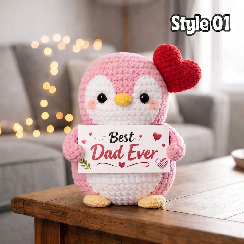 Cute Penguin Crochet Plush with Heart, Gift for Dad from Daughter Son, Best Dad Gift Crochet Penguin, Cute Crochet Dad Gift