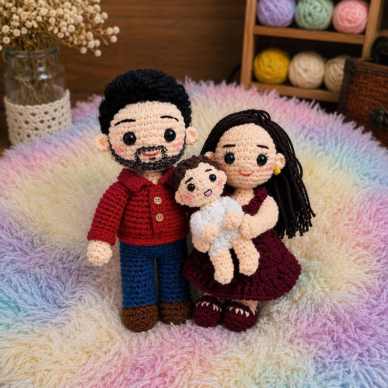 Custom Crochet Family Doll, Personalized Amigurumi Family Portrait, Handmade Couple & Baby Doll, Family Keepsake Gift from Photo