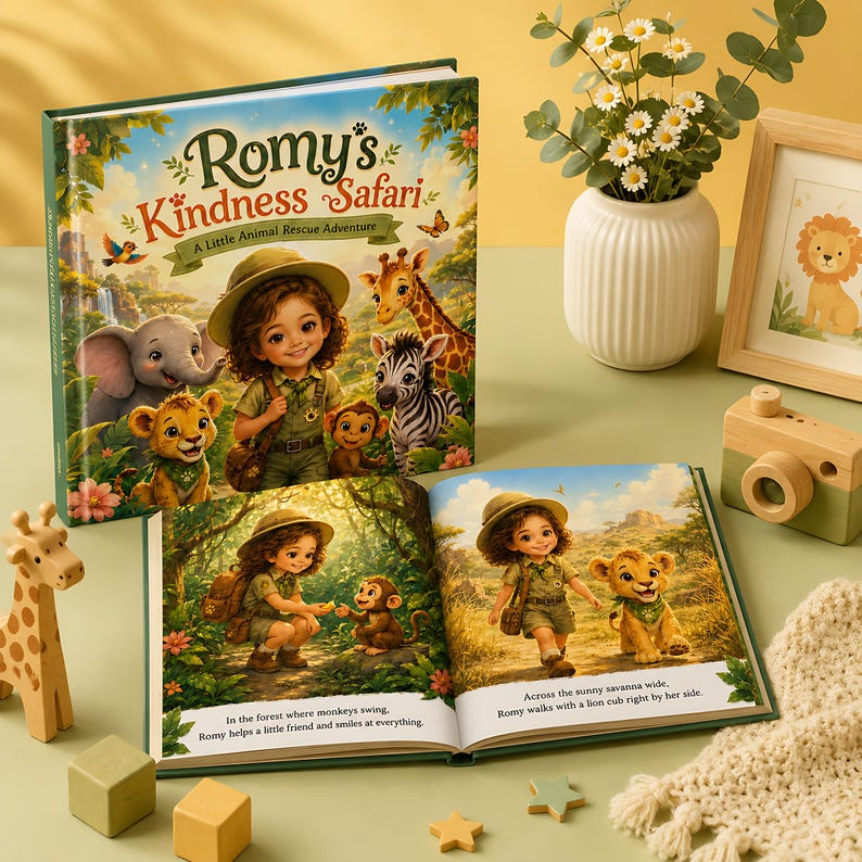 Personalized Animal Safari Book, Custom Baby Name and Face Photo Hardcover, Kindness Adventure Story for Toddlers, First Birthday Gift
