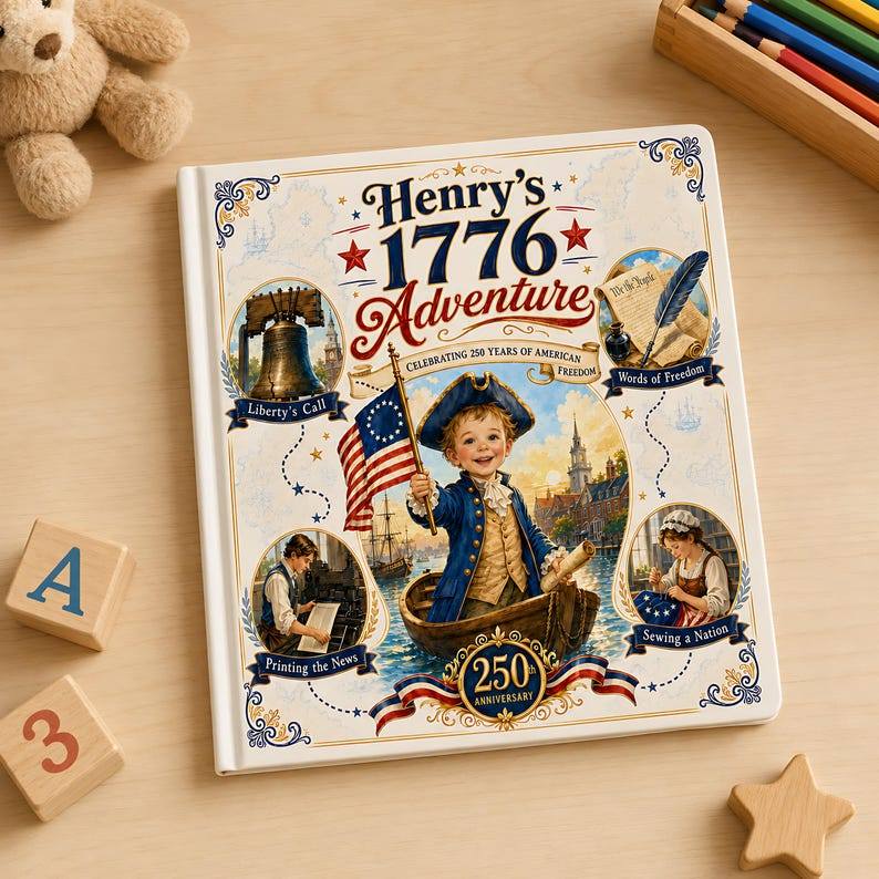 Personalized 1776 Adventure Book, Custom Child Face and Name, America 250th Anniversary, 4th of July Patriotic Kids Hardcover Gift 2026