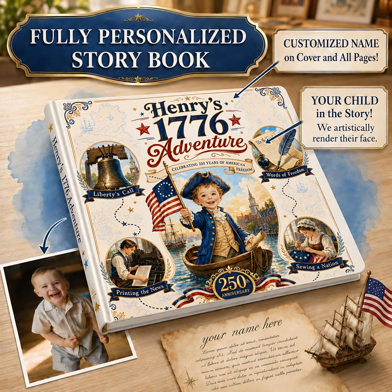 Personalized 1776 Adventure Book, Custom Child Face and Name, America 250th Anniversary, 4th of July Patriotic Kids Hardcover Gift 2026