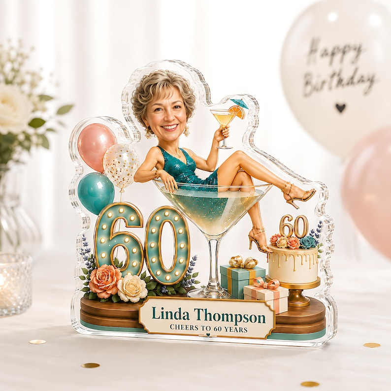 Personalized Photo Birthday Acrylic Block, Custom Photo Face Martini Glass Design, Cheers to 60 Years Gift for Her Mom Wife