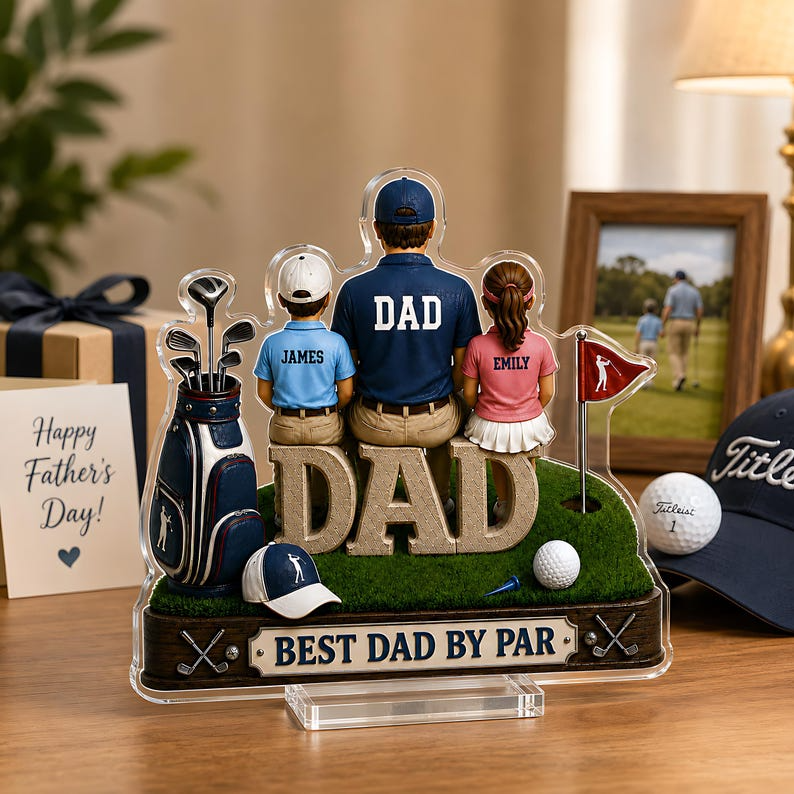 Personalized Golf Dad Gift, Custom Dad Acrylic Plaque with Kids Names, Father's Day Gift for Dad, Best Dad By Par Golf Decor for Home Office