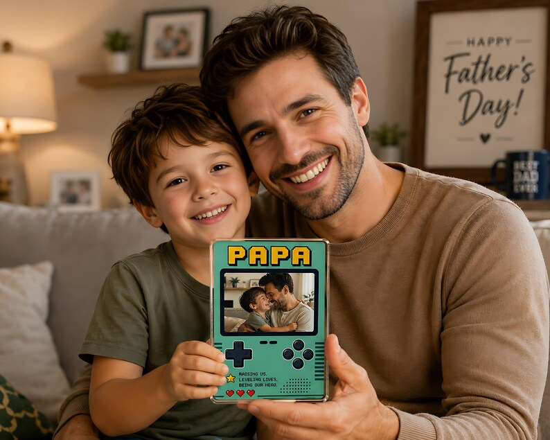 Personalized Gamer Dad Acrylic Block, Custom Photo Retro Game Console Plaque, Papa Gift From Kids, Block Gift For Father's Day