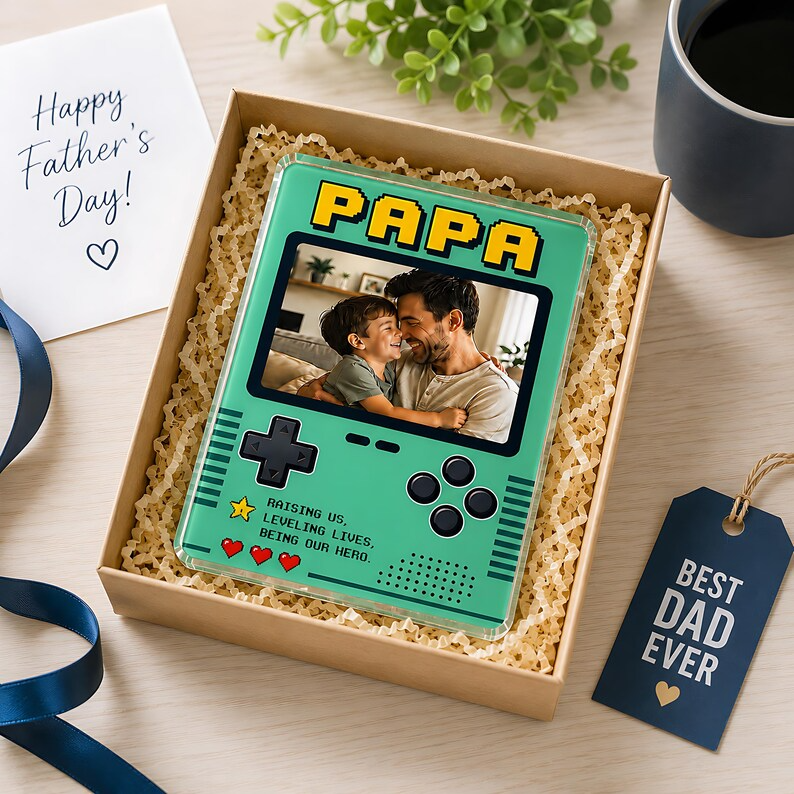Personalized Gamer Dad Acrylic Block, Custom Photo Retro Game Console Plaque, Papa Gift From Kids, Block Gift For Father's Day