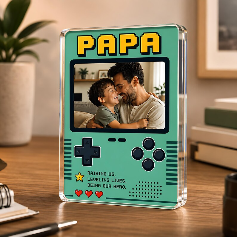 Personalized Gamer Dad Acrylic Block, Custom Photo Retro Game Console Plaque, Papa Gift From Kids, Block Gift For Father's Day