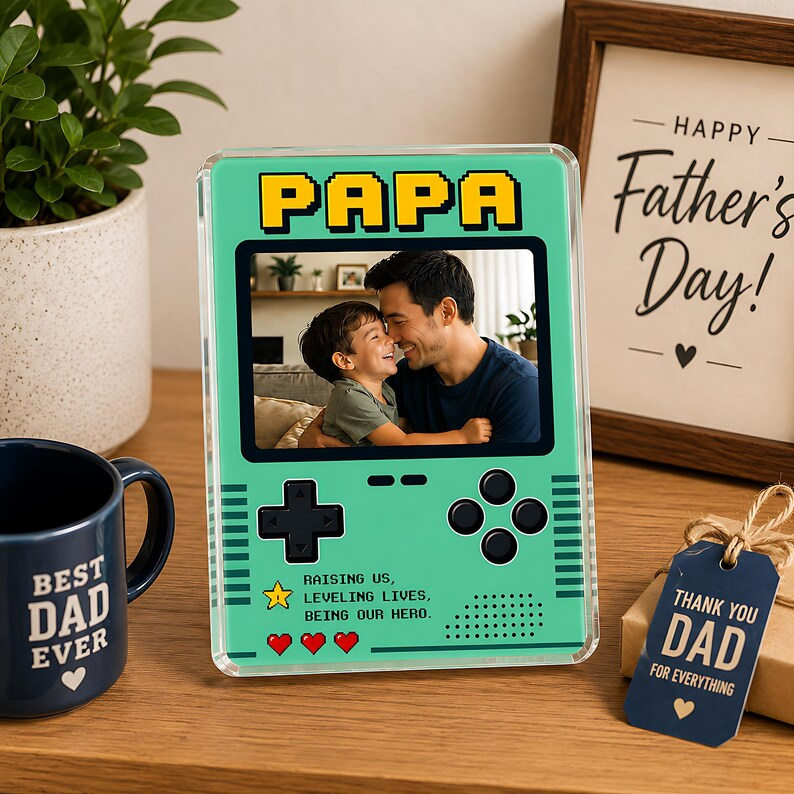 Personalized Gamer Dad Acrylic Block, Custom Photo Retro Game Console Plaque, Papa Gift From Kids, Block Gift For Father's Day