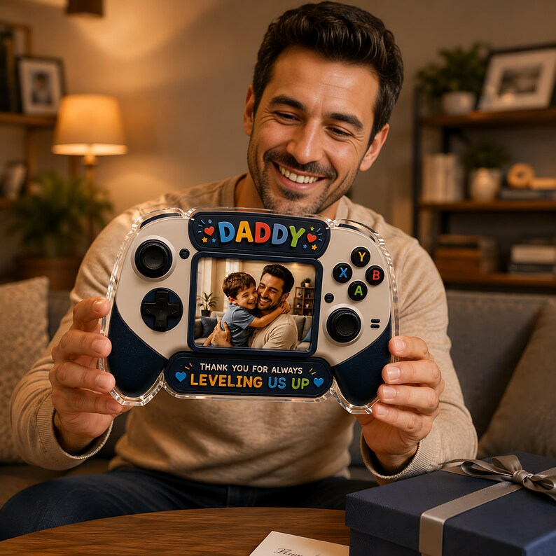 Personalized Daddy Acrylic Block, Custom Photo Game Controller Plaque, Fathers Day Gift From Kids, Leveling Us Up Daddy Gift