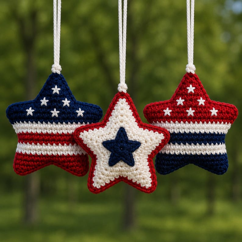 Patriotic Star Car Hanging, Crochet American Flag Car Charm, Rearview Mirror Accessory, 4th of July Gift, Patriotic Gift