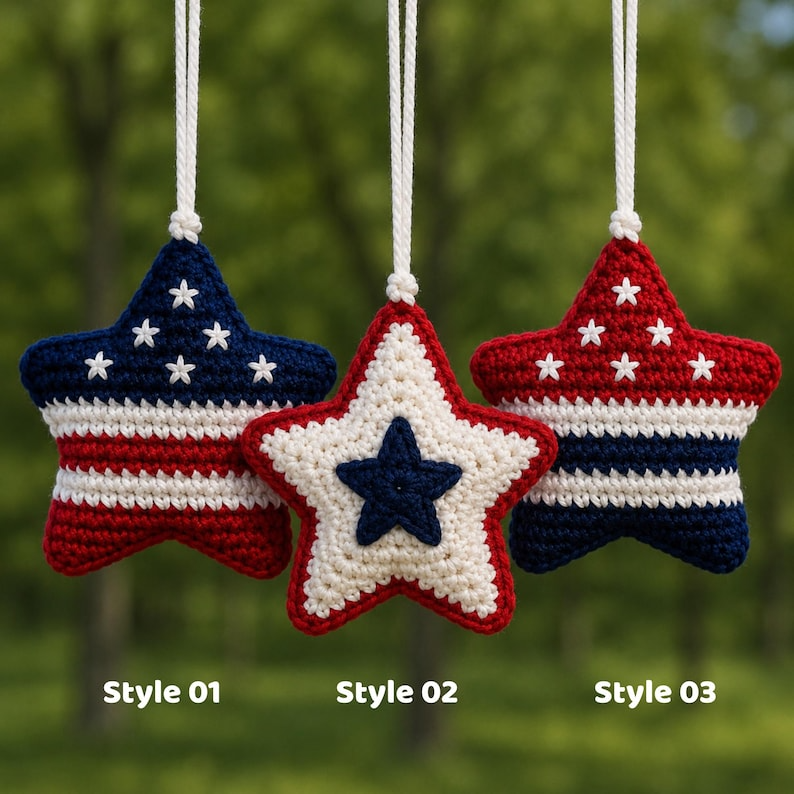 Patriotic Star Car Hanging, Crochet American Flag Car Charm, Rearview Mirror Accessory, 4th of July Gift, Patriotic Gift