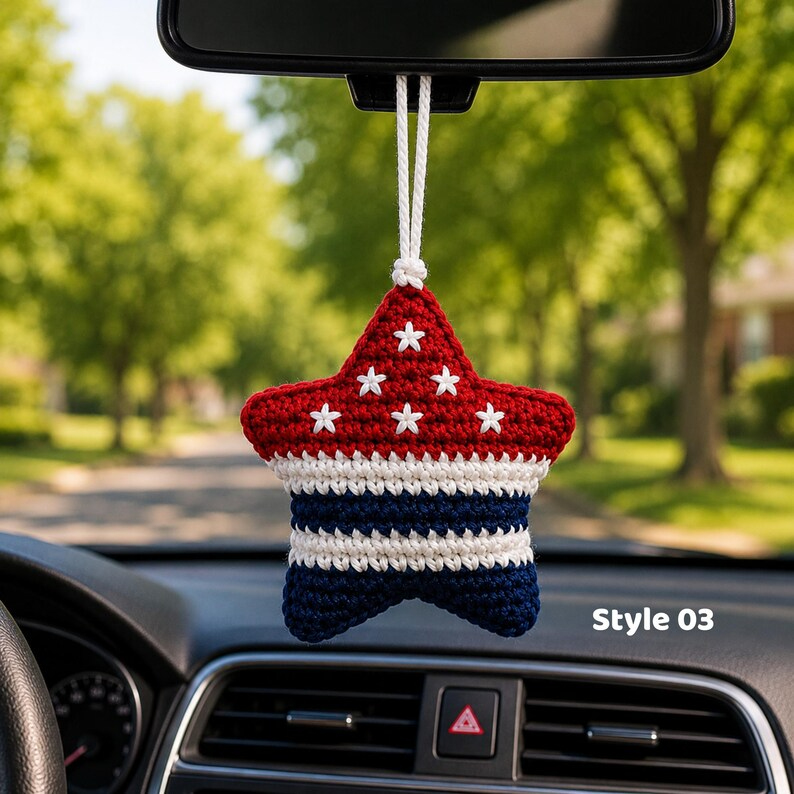 Patriotic Star Car Hanging, Crochet American Flag Car Charm, Rearview Mirror Accessory, 4th of July Gift, Patriotic Gift