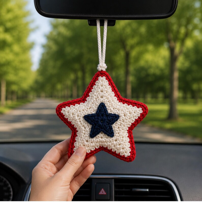 Patriotic Star Car Hanging, Crochet American Flag Car Charm, Rearview Mirror Accessory, 4th of July Gift, Patriotic Gift