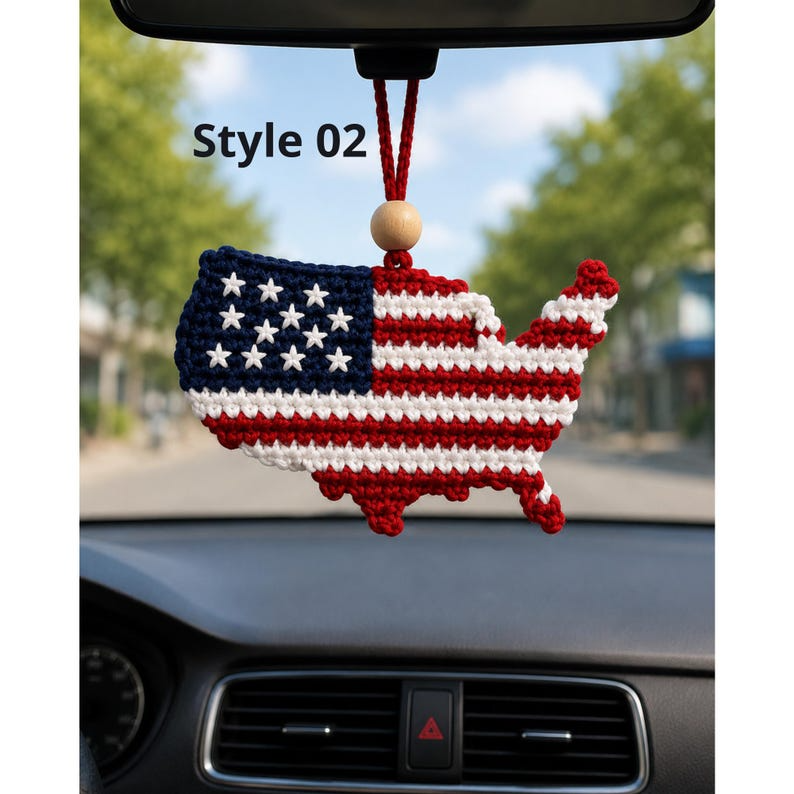 USA Map Crochet Car Hanging, America 250 Ornament, Patriotic Rear View Mirror Charm, Fourth of July Decor, American Flag Car Accessory