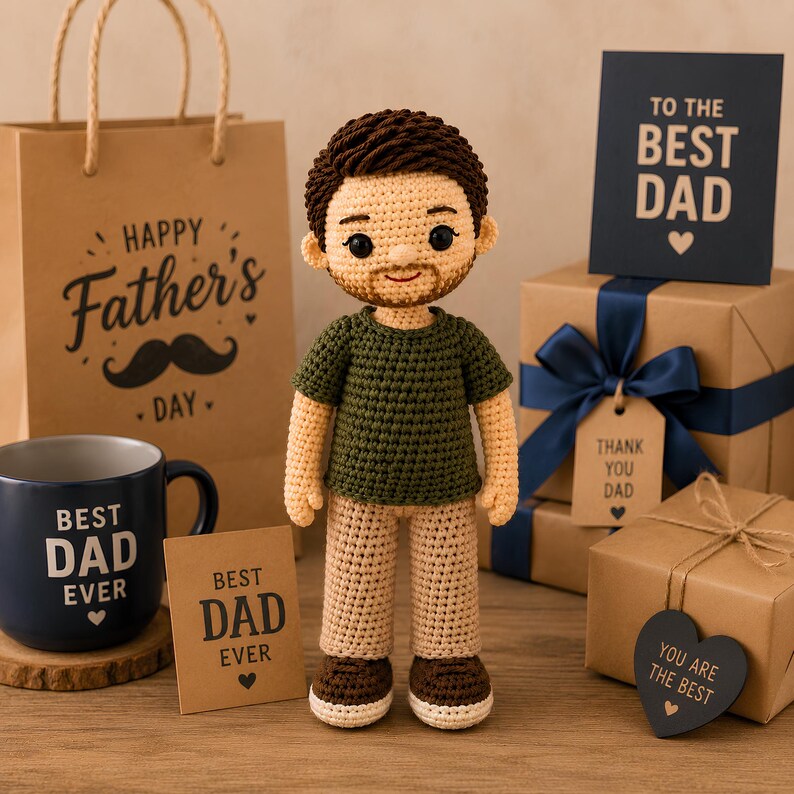 Custom Crochet Dad Doll with Baby – Personalized Father’s Day Gift for New Dad, Amigurumi Family Portrait Keepsake