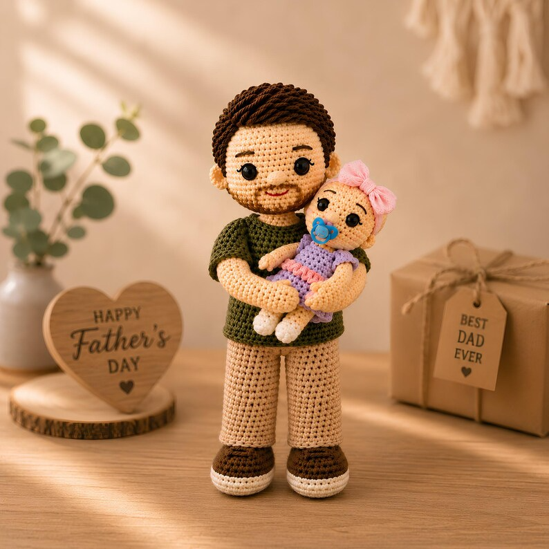 Custom Crochet Dad Doll with Baby – Personalized Father’s Day Gift for New Dad, Amigurumi Family Portrait Keepsake