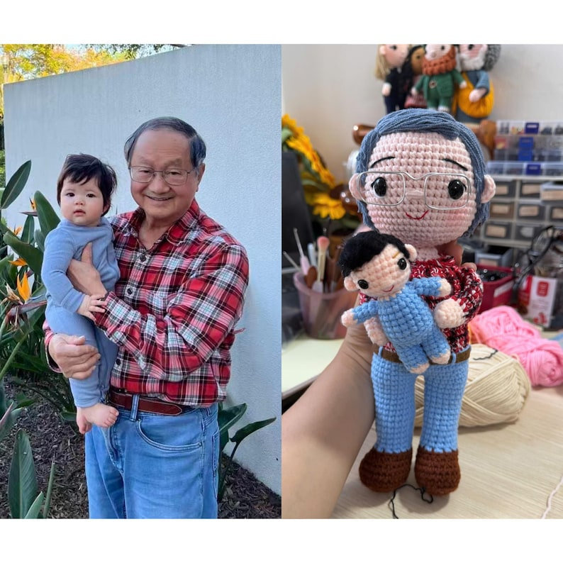 Custom Crochet Dad Doll with Baby – Personalized Father’s Day Gift for New Dad, Amigurumi Family Portrait Keepsake
